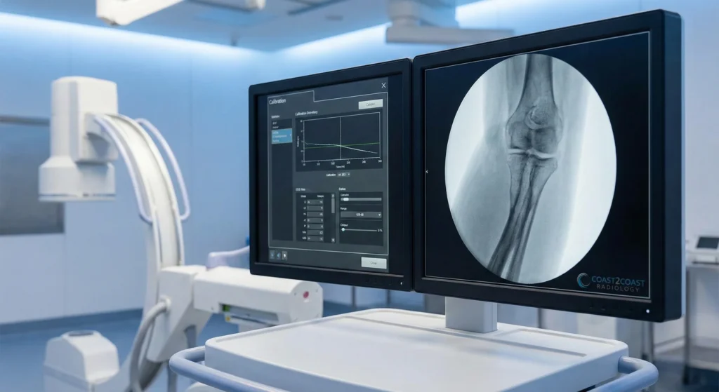 Digital fluoroscopy monitors showing a knee X-ray with C-Arm equipment in background By Coast To Coast Radiology