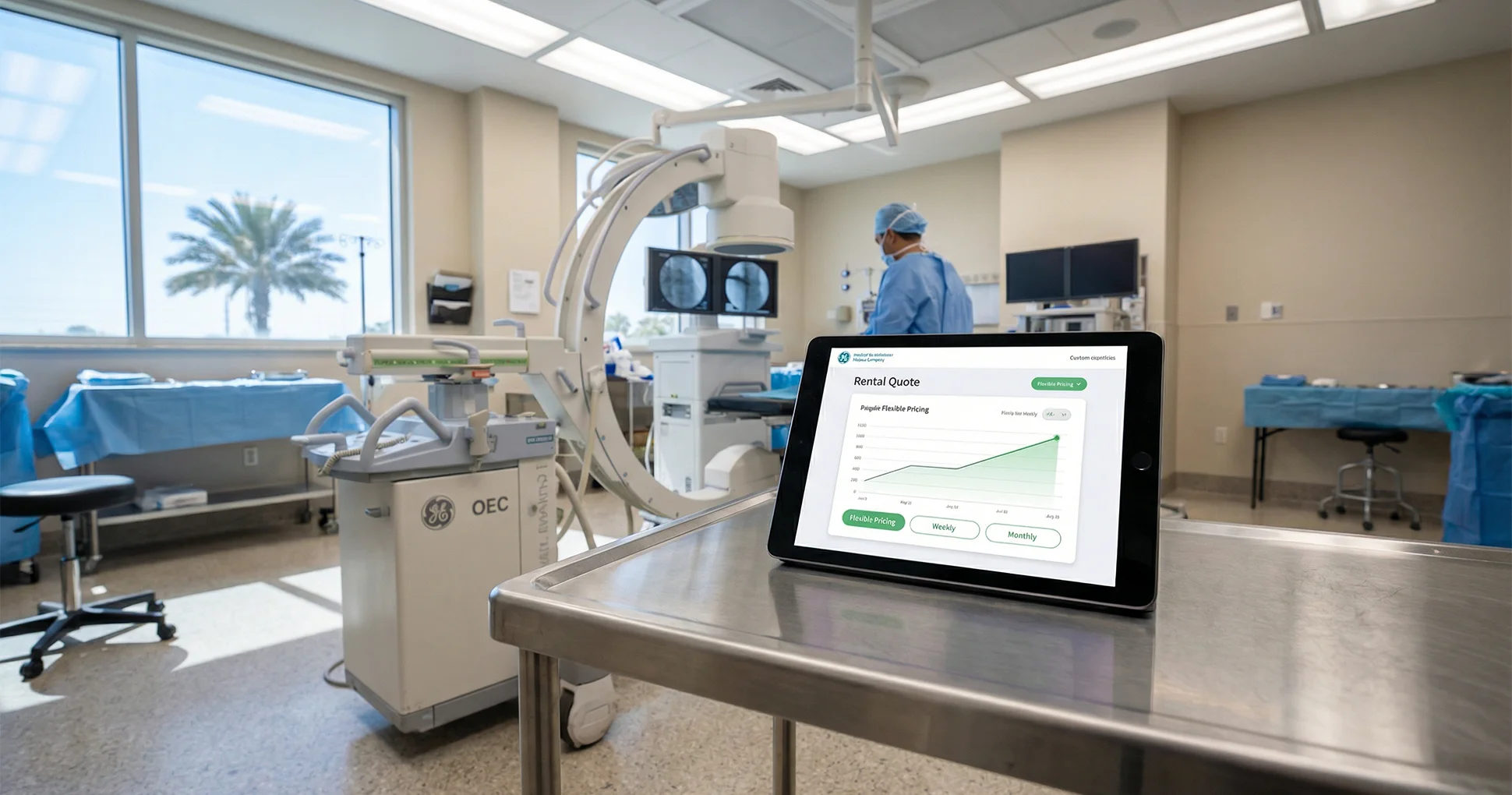 A modern, high-tech operating room in Florida features a C-Arm X-ray machine in the background[cite: 397, 399]. In the foreground, a digital tablet on a medical table displays a 'Rental Quote' graph with green indicators, illustrating flexible cost options[cite: 397, 438]. Palm trees are visible outside a sunny window.