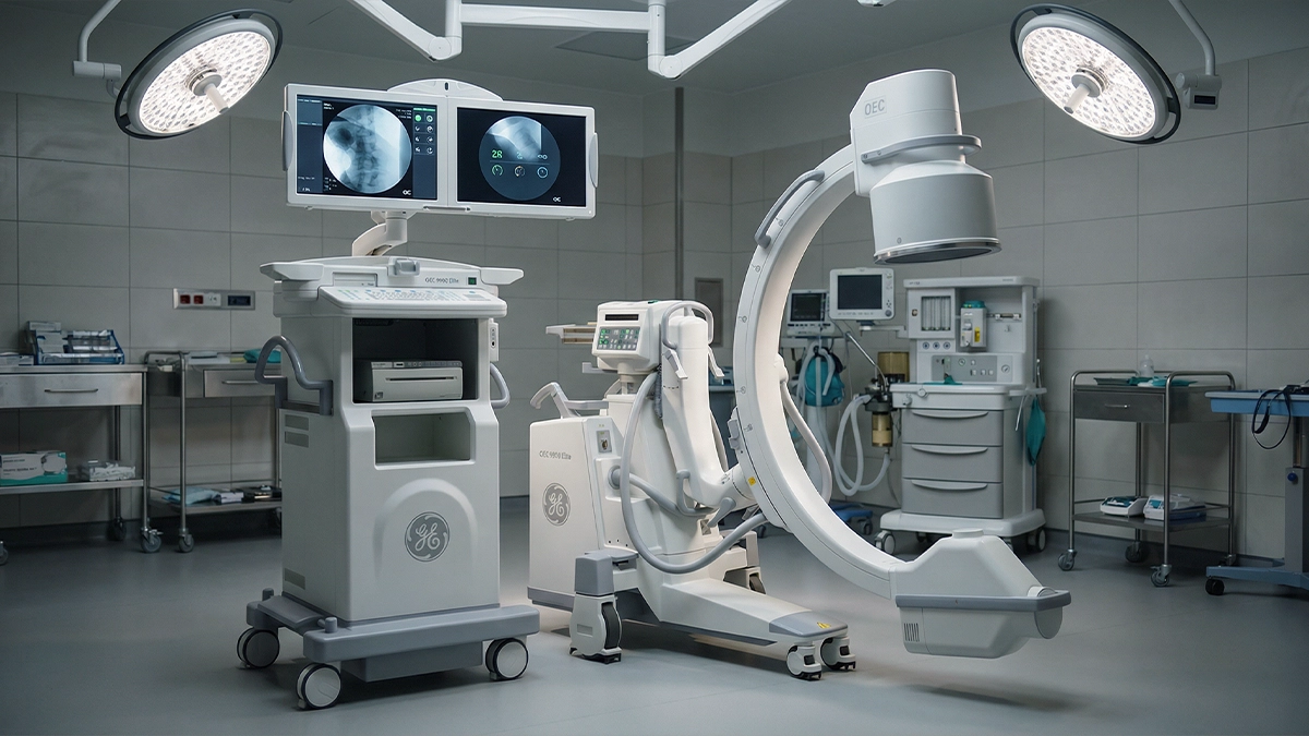 GE OEC 9900 Elite C-Arm fully set up and calibrated inside a Florida operating room, ready for clinical use.