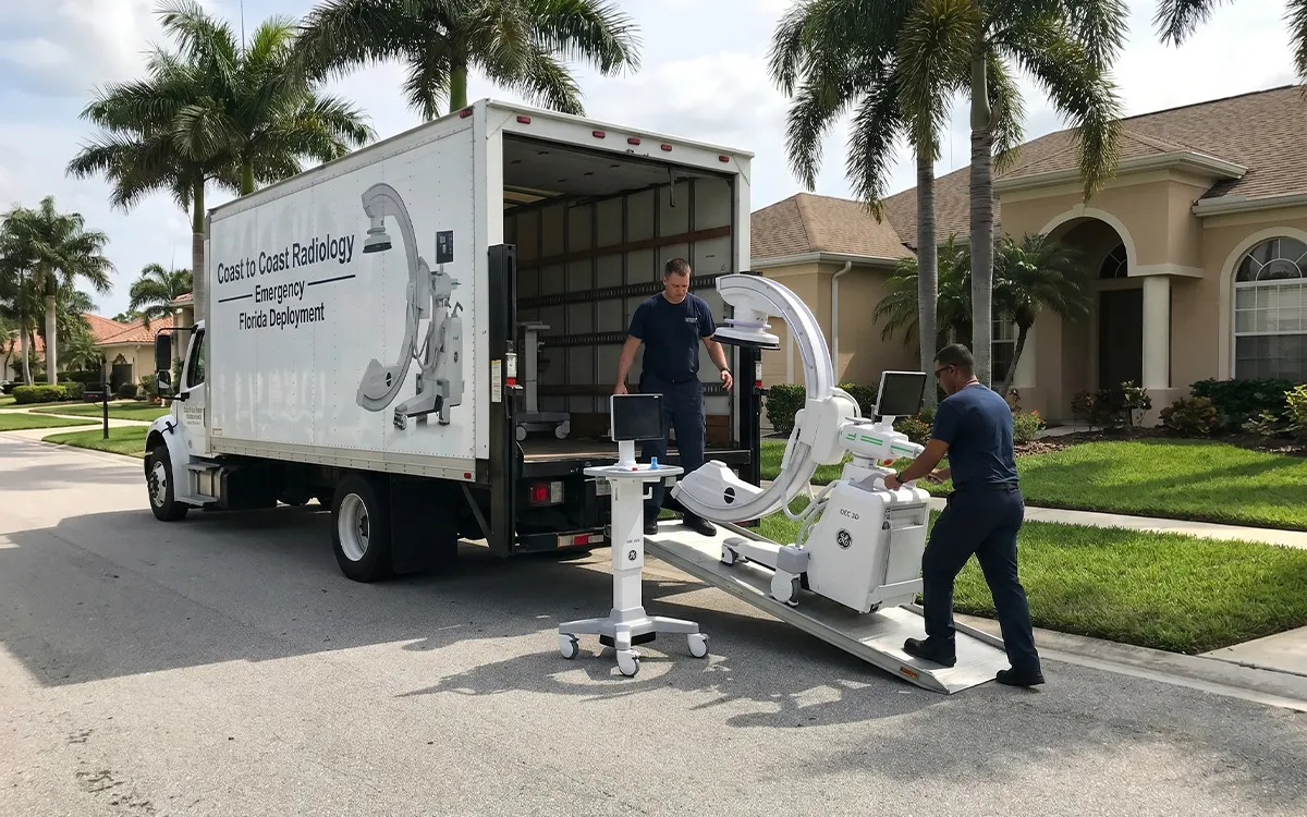 Coast to Coast Radiology commercial delivery truck with C-arm equipment for emergency Florida deployment