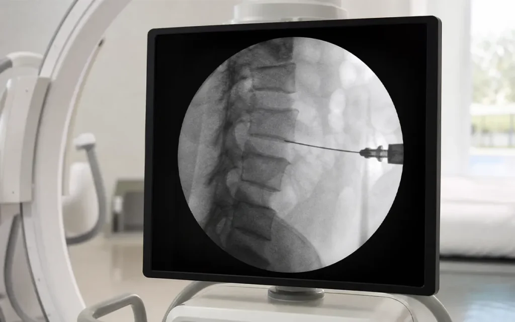 C-arm fluoroscopy machine in use during pain management procedure at Florida ASC