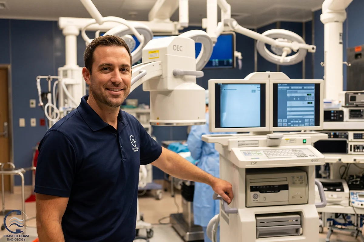 A smiling man in a dark blue polo shirt stands in a well-equipped medical room, next to advanced imaging equipment with monitors displaying data.