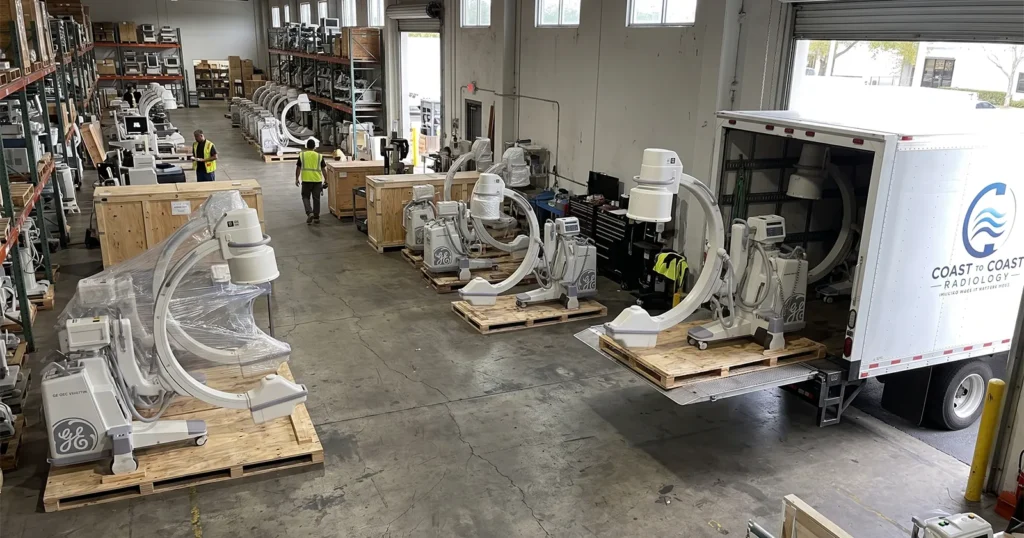 Coast to Coast Radiology c-arm fluoroscopy equipment staged for Florida delivery