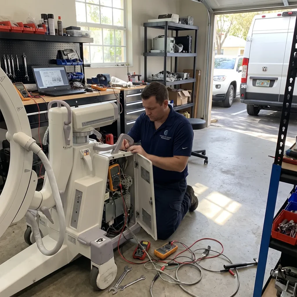 Coast to Coast Radiology technician servicing a GE OEC C-arm in the Florida workshop