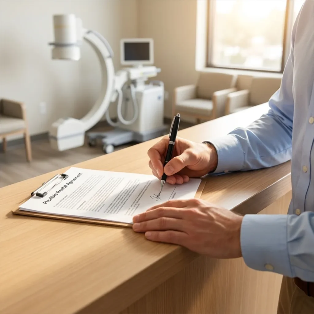 Physician signing a flexible C-arm rental agreement at a Florida pain management practice