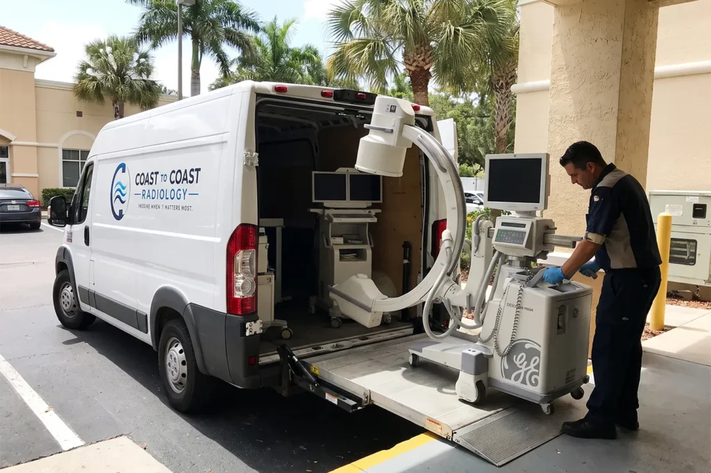 Coast to Coast Radiology truck delivering a replacement c-arm to a Florida surgery center
