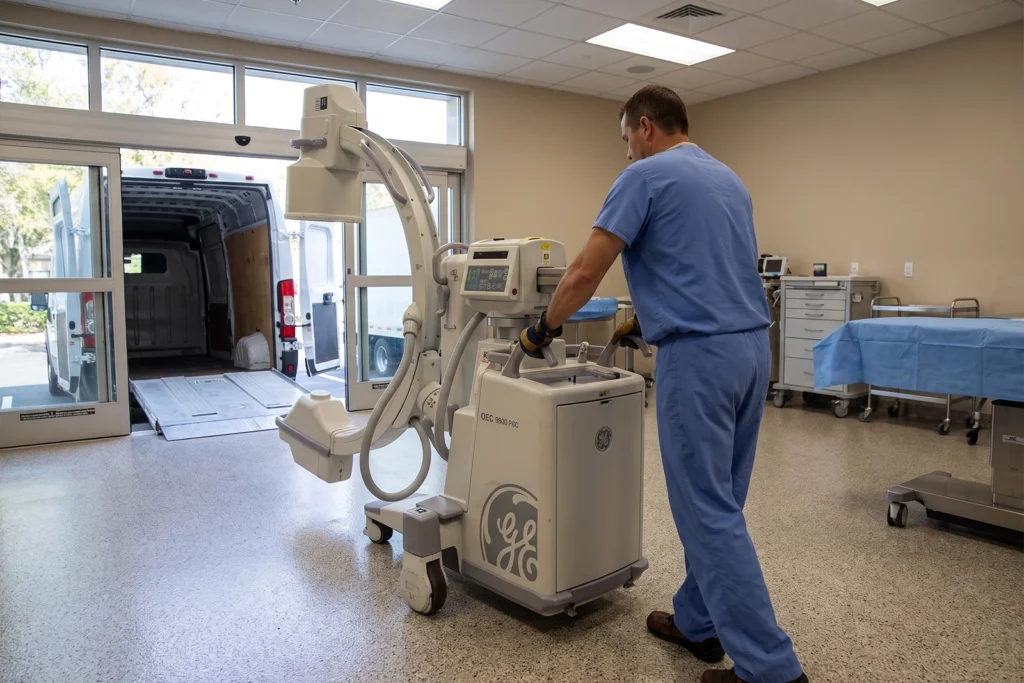 C-arm delivery and equipment-side setup