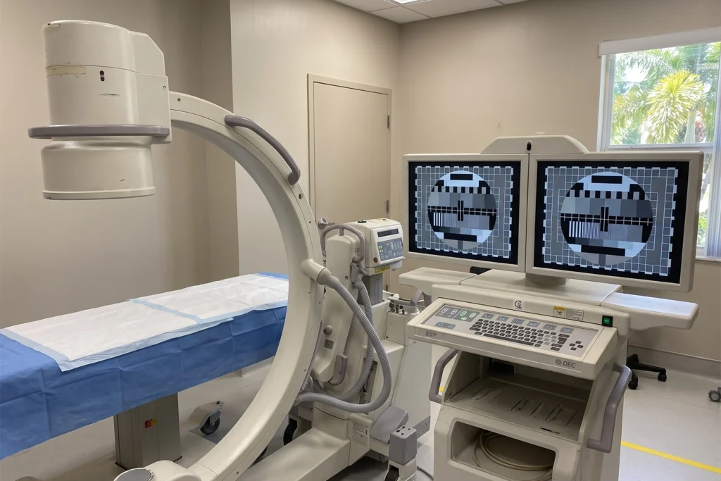 C-arm imaging workstation and monitor in a procedure room