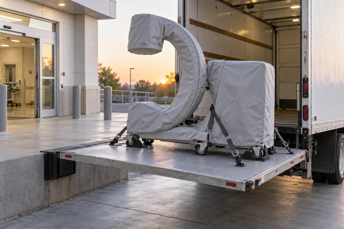Covered mobile C-arm secured on a truck lift gate for delivery